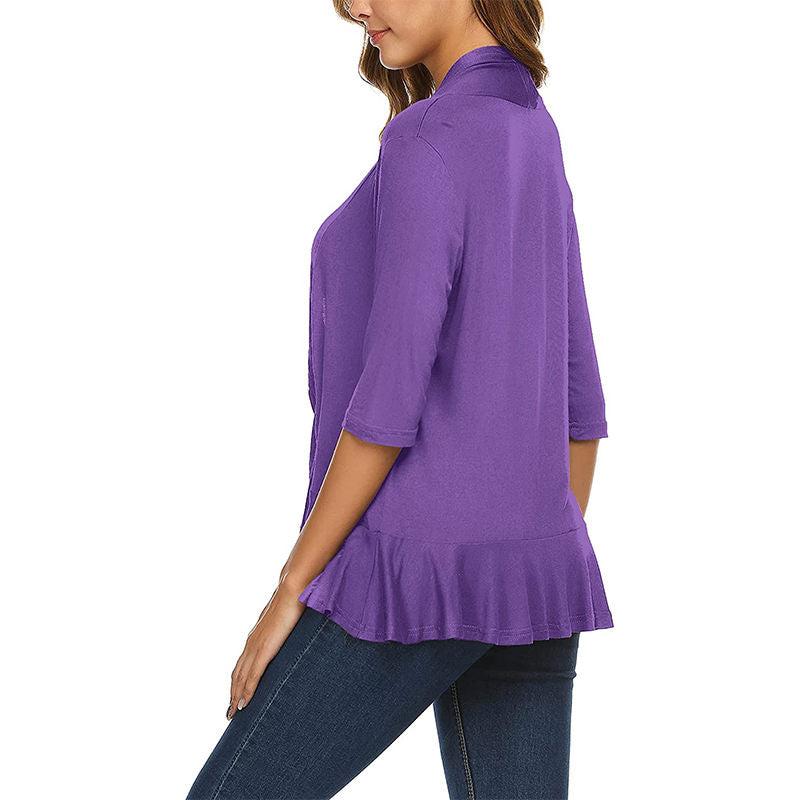 Beakey Women's Open Front Cardigan 3/4 Sleeve Draped Ruffles Soft Knit Sweaters-Purple-8012