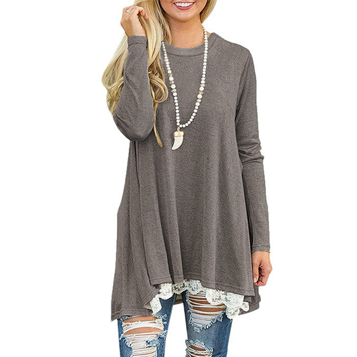 Beakey Women's Crew Neck Long Sleeve Lace Splicing Shirt Long Tunic Blouses-Gray-1228