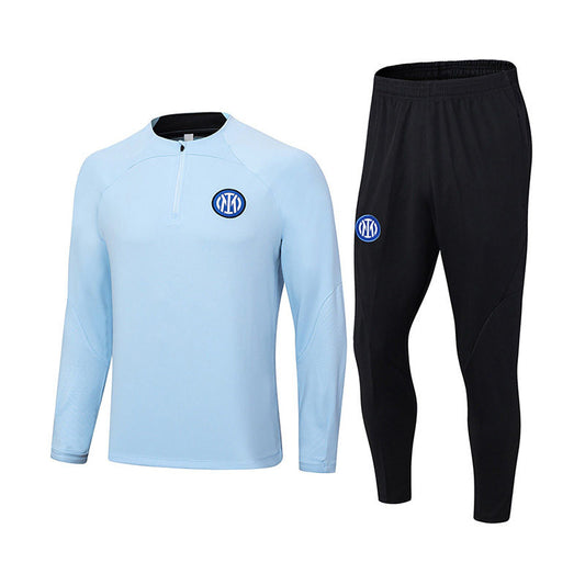 Beakey Inter Milan Soccer Suit Football Training Jersey with Half Zipper for Kids Adult-LightBlue