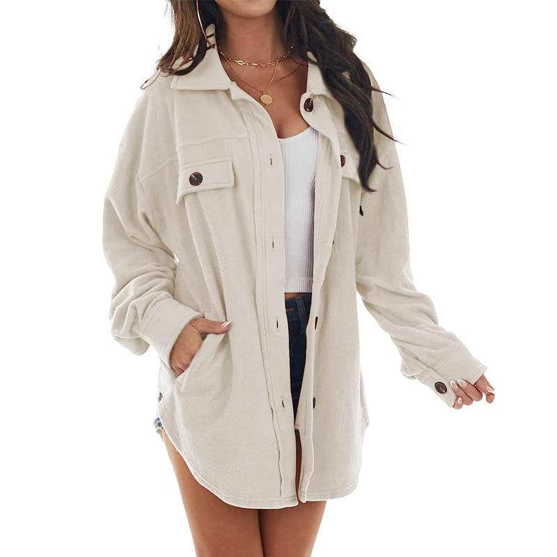 Beakey Womens Fleece Long Sleeved Shirt Casual Boyfriend Blouse Top-Beige