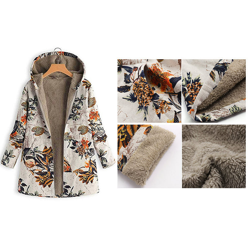 Beakey Womens Bohemian Floral Print Jacket Plush Hooded Warm Coat-A