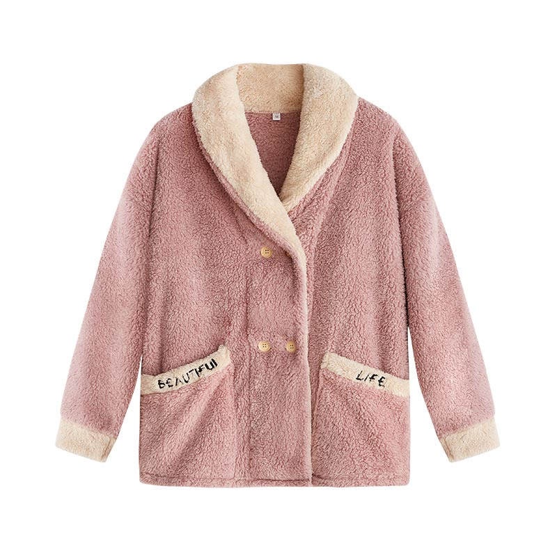 Beakey Womens Plush Pajamas Cardigan Set Loungewear-Pink