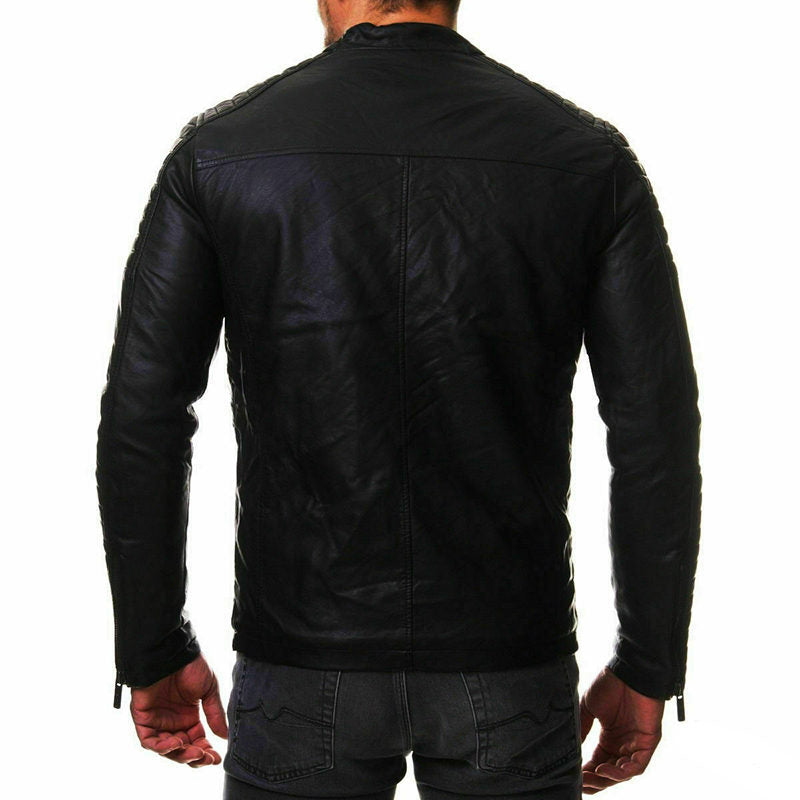Beakey Mens Slim Fit Leather Jackets Stand Collar Zip Up Motorcycle Coat-Black