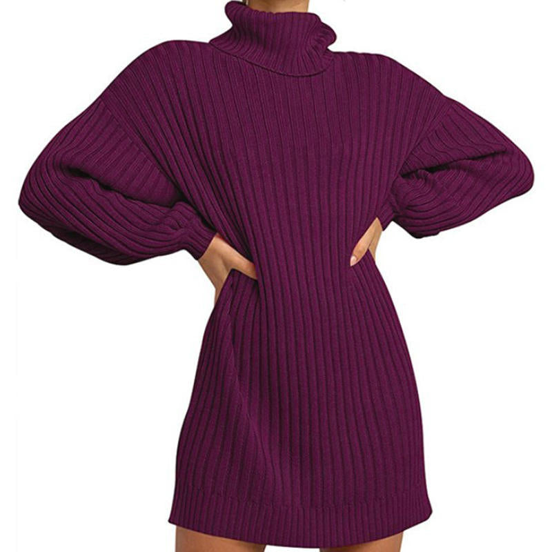 Beakey Womens Turtleneck Loose Sweater Dress Soft Winter Pullover Dress-Fuchsia