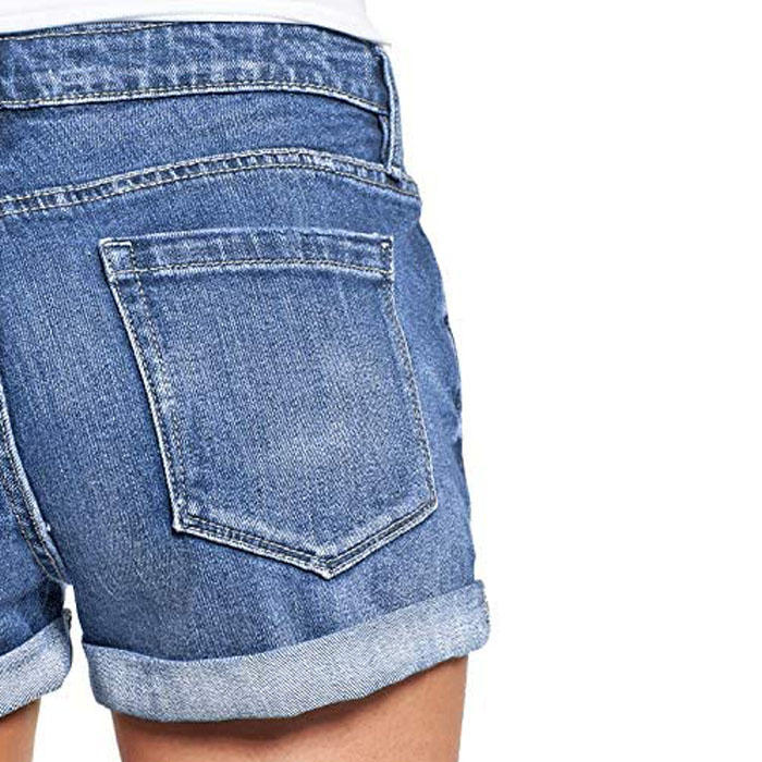 Beakey Women's Ripped Jean Shorts Mid Rise Stretchy Folded Hem Hot Pants-Blue-UX11323