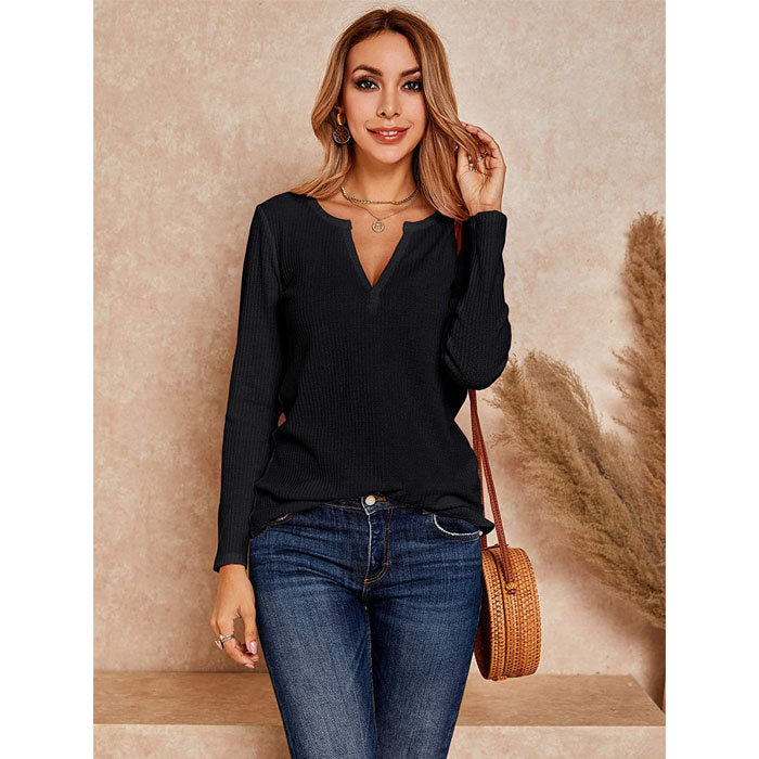 Beakey Womens V Neck Shirts Long Sleeve Waffle Knit Loose Fitting Warm Pullover Sweaters-Black-5888