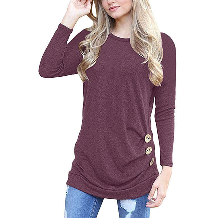 Beakey Women's Casual Long Sleeve Round Neck Loose T Shirt Blouse Tops-Wine Red-88041