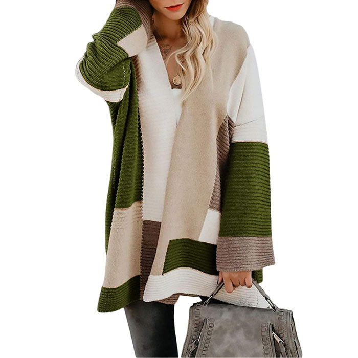 Beakey Womens Color Block Cardigan Open Front Sweaters Loose Knit Casual Coat-Green-AL6009