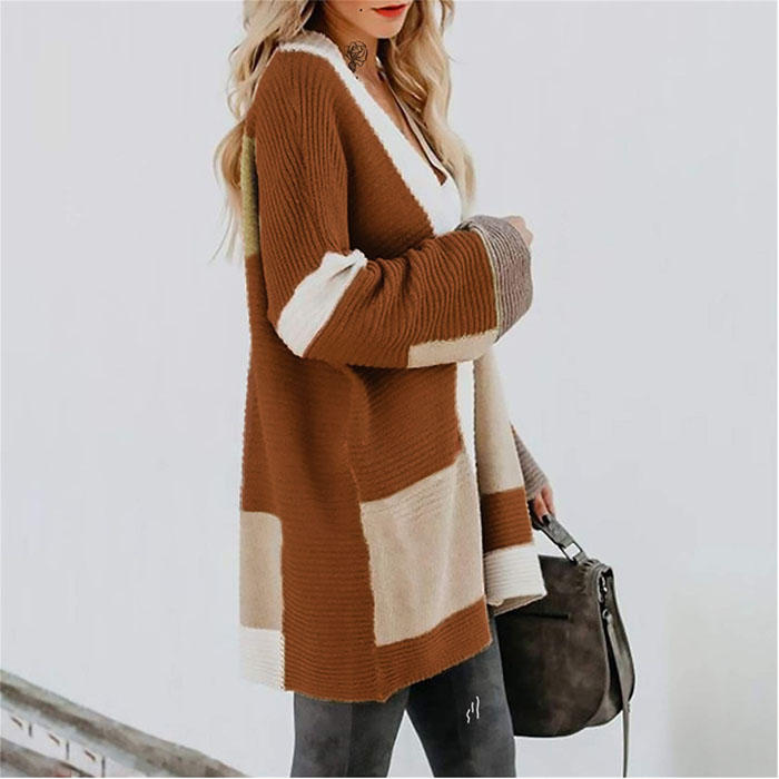 Beakey Womens Color Block Cardigan Open Front Sweaters Loose Knit Casual Coat-Caramel-AL6009