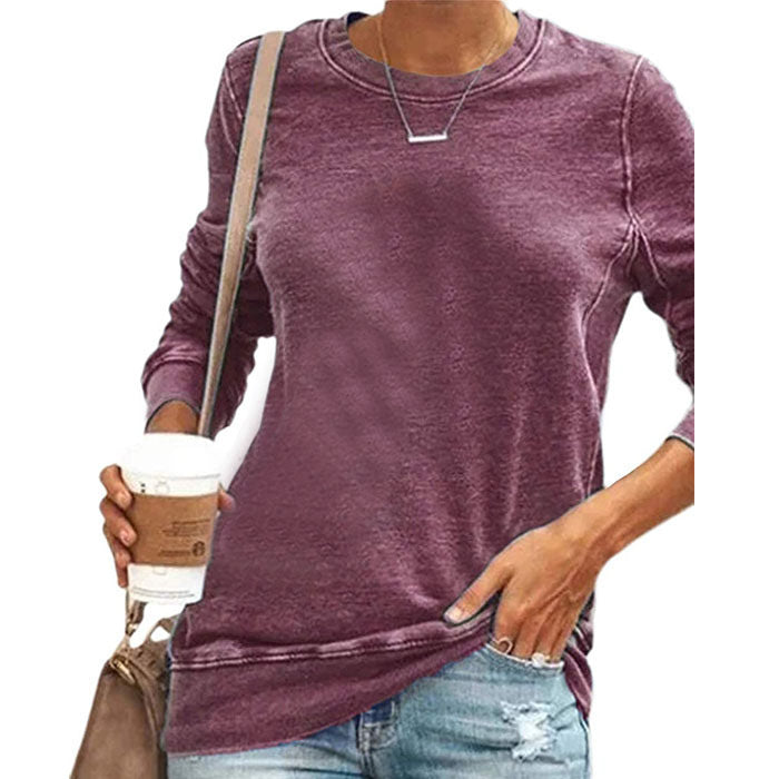 Beakey Womens Casual Crewneck Sweatshirt Long Sleeve Solid Color Loose Tops-Wine Red-8100