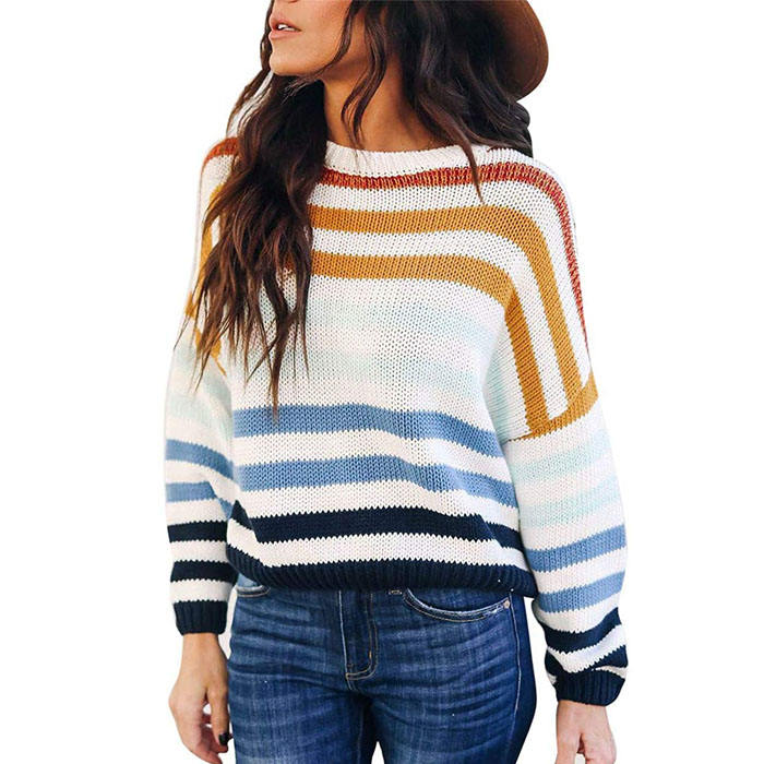 Beakey Women Sweaters Long Sleeve Crew Neck Striped Oversized Casual Knitted Tops-Navy-F80134