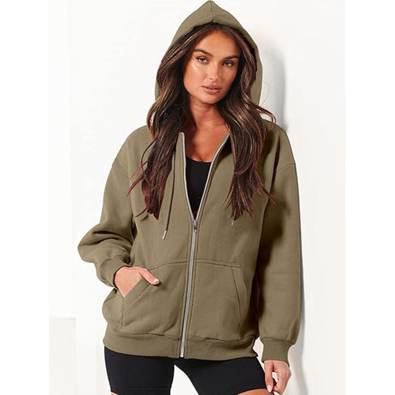 Beakey Womens Zip Up Hoodies with Pockets Y2K Oversized Sweatshirts-Khaki