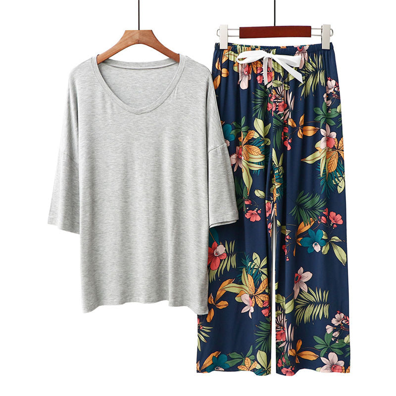 Beakey Womens Pajama Set Print Sleepwear Soft V-Neck Short Sleeve Top With Pants-8