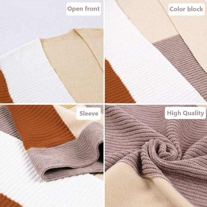 Beakey Womens Color Block Cardigan Open Front Sweaters Loose Knit Casual Coat-Caramel-AL6009