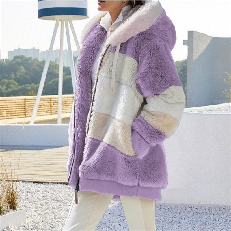 Beakey Womens Warm Plush Hooded Cardigan Full Zip Colorblock Jacket-Purple