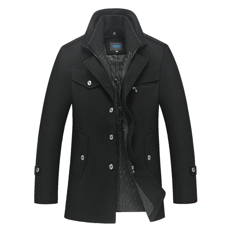 Beakey Mens Pea Coat Wool Blend Single Breasted Overcoat for Winter-Black