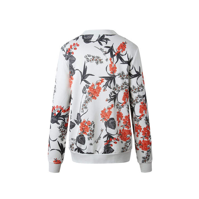 Beakey Women's Fashion Zip Up Casual Jacket Coat Short Outwear Flower Printing Tops-Black Green Leaves-8795