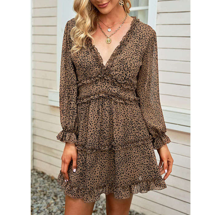 Beakey Womens Spring Summer Deep V Neck Ruffle Long Sleeve Mini Dress-Leopard-LC220829-1