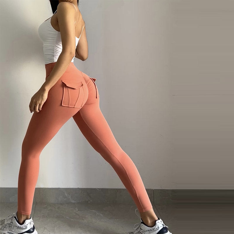 Beakey Womens Yoga Pants High Waist Leggings with Pockets for Workout-Coral Red