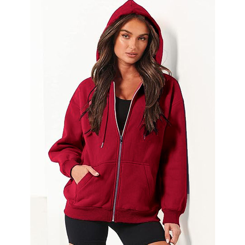 Beakey Womens Zip Up Hoodies with Pockets Y2K Oversized Sweatshirts-Red