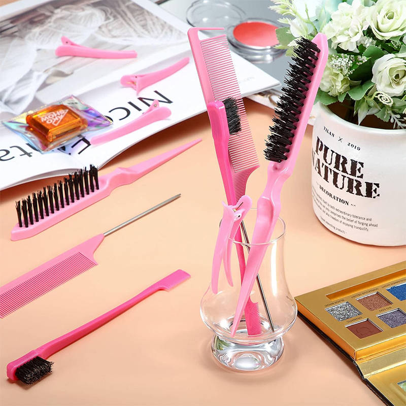 Beakey 12 Pieces Hair Brush Set Nylon Teasing Hair Brushes Rat Tail Combs with Duckbill Clips for Women-Pink
