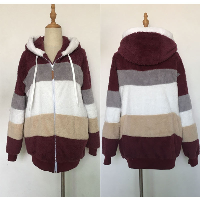 Beakey Womens Warm Coats Fuzzy Sherpa Hooded Jacket with Pockets-Wine Red