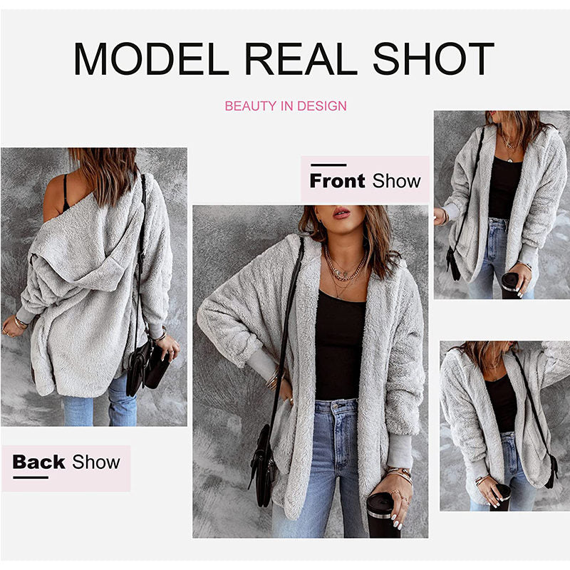 Beakey Womens Long Sleeve Fuzzy Fleece Jacket Hooded Cardigan Coat with Pockets-Grey