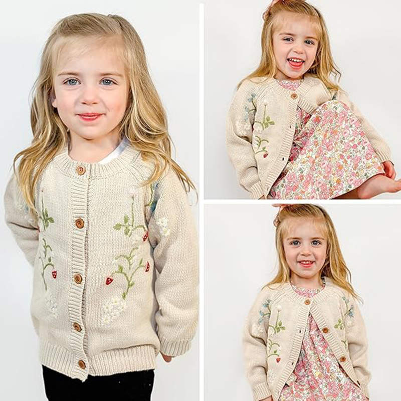Beakey Toddlers Girls Sweater Embroidered Strawberry Knitted Cardigan-Beige