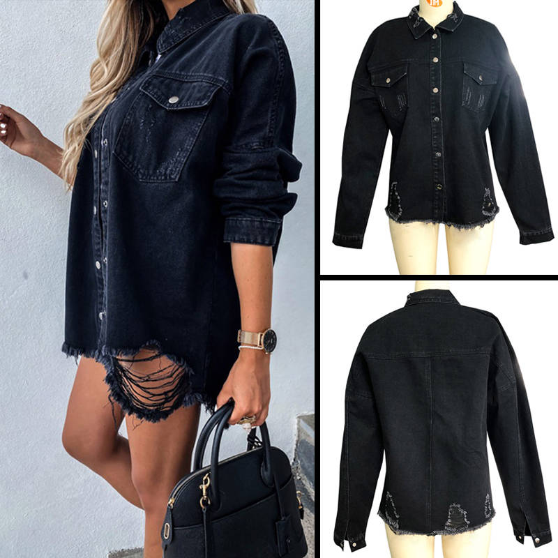 Beakey Women Ripped Denim Jacket Boyfriend Mid Long Trucker Coat-Black