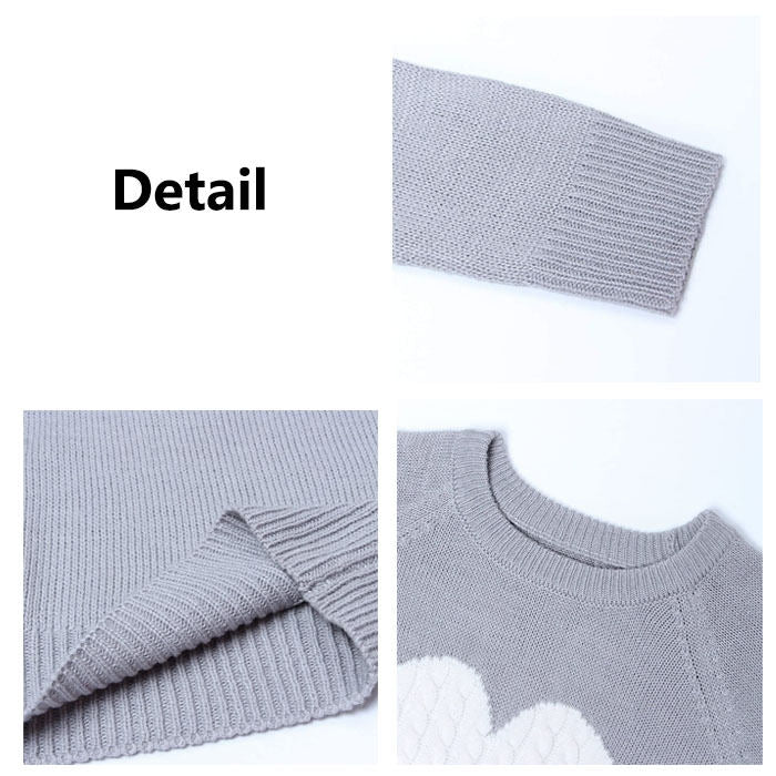 Beakey Women Cute Sweaters Heart Crewneck Long Sleeve Knitted Pullover Sweater-Gray-118004