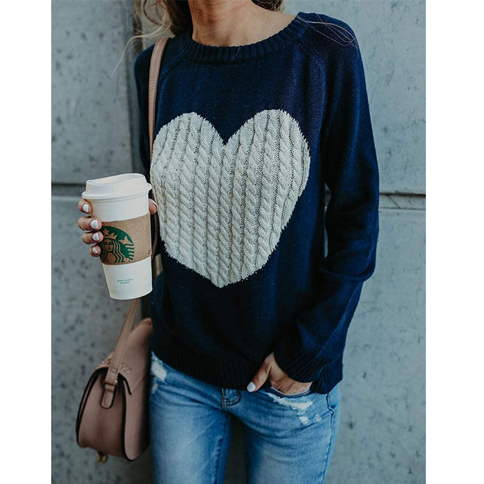Beakey Women Cute Sweaters Heart Crewneck Long Sleeve Knitted Pullover Sweater-Navy-118004