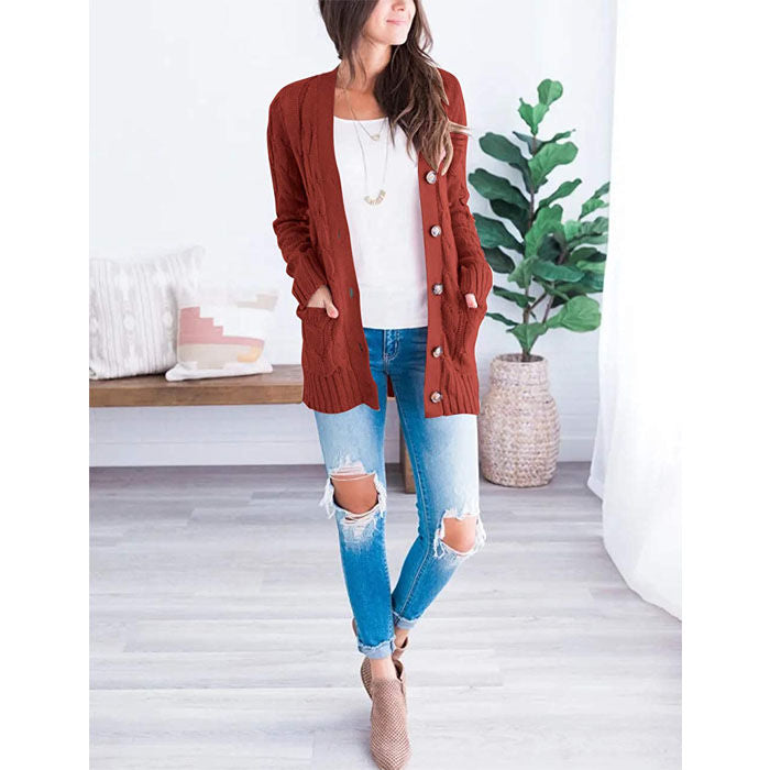 Beakey Women's Winter Keep Warm Long Sleeve Knit Sweater Cardigan Button Loose Outerwear-Brick Red-YL220187