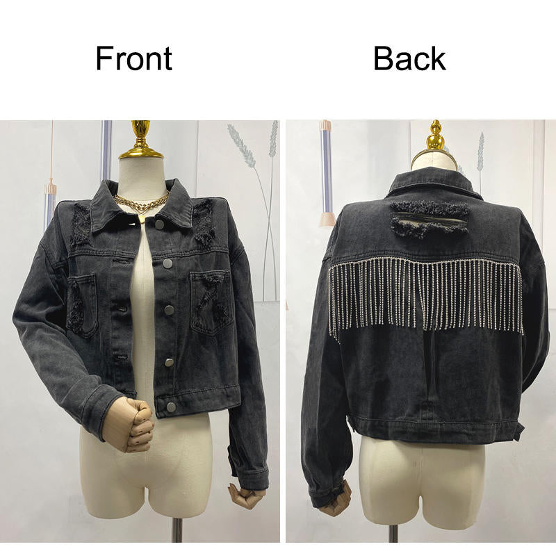 Beakey Womens Denim Jacket with Fringe Rhinestones Crop Casual Coat-Black