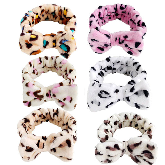 Beakey 6Pcs Makeup Headbands Fluffy Bow Hair Band for Washing Face Spa-Leopard