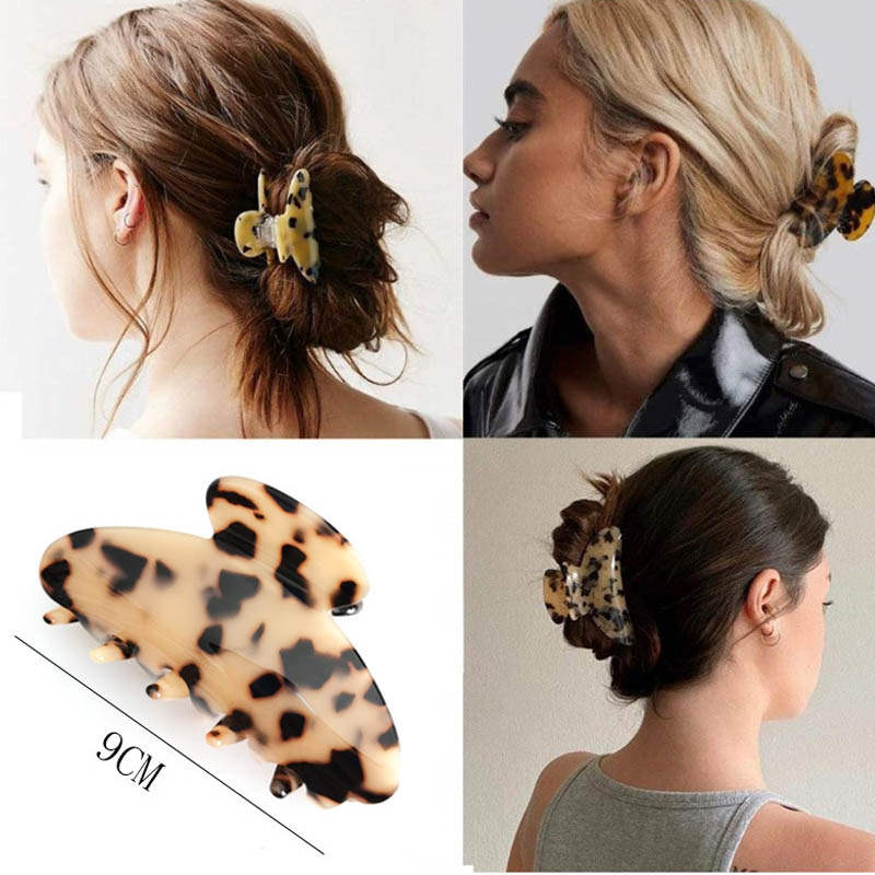 Beakey 3 PCS Large Plastic Leopard Hair Claw Clips for Women Thick Hair-C