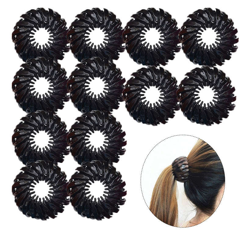 Beakey 12 Pcs Bird Nest Shaped Hair Clips Expandable Ponytail Holder Hair Accessories-Black
