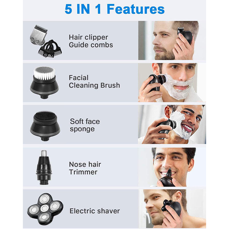 Beakey 5-in-1 Electric Razors Wet and Dry 5D Rechargeable Rotary Shaver-Silver
