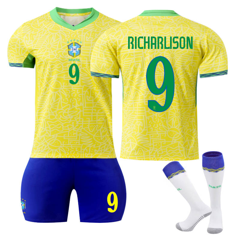 Beakey Brazil Home RICHARLISON #9 Jersey for Kids Adult 3 Pcs Soccer Outfits
