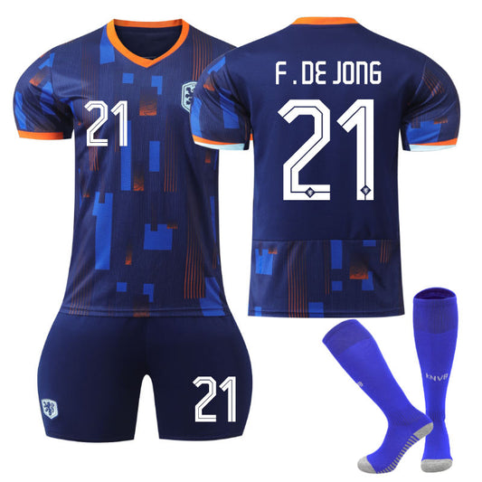 Beakey Netherlands Away F.DE JONG #21 Jersey for Kids Adult 3 Pcs Soccer Outfits