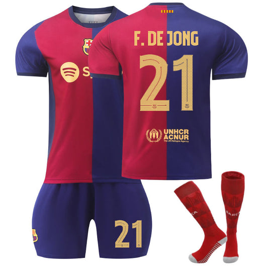 Beakey Barcelona Home UEFA F.DE JONG #21 Soccer Jersey for Kids Adult 3 Pcs Outfits