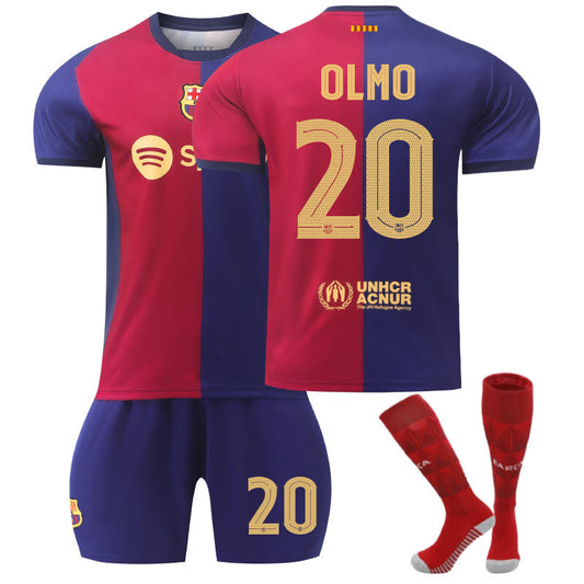 Beakey Barcelona Home UEFA OLMO #20 Soccer Jersey for Kids Adult 3 Pcs Outfits