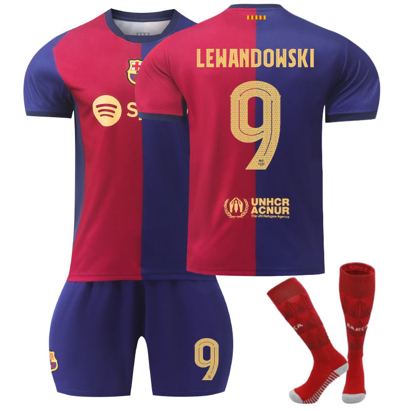 Beakey Barcelona Home UEFA LEWANDOWSKI #9 Soccer Jersey for Kids Adult 3 Pcs Outfits