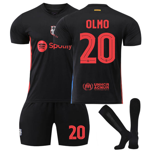 Beakey Barcelona Away UEFA OLMO #20 Soccer Jersey for Kids Adult 3 Pcs Outfits