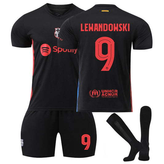 Beakey Barcelona Away UEFA LEWANDOWSKI #9 Soccer Jersey for Kids Adult 3 Pcs Outfits