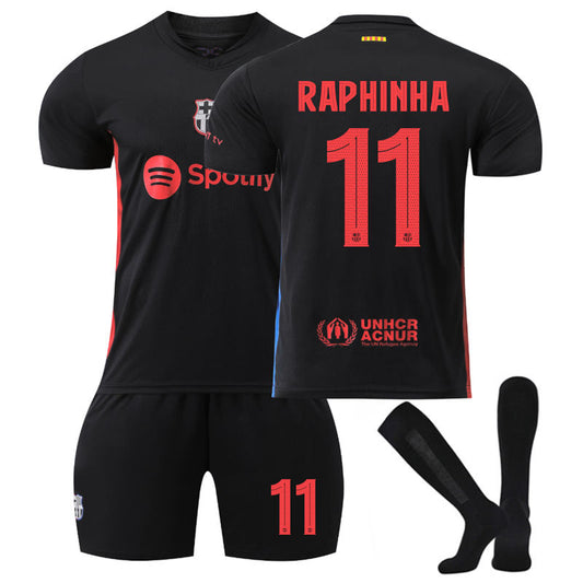 Beakey Barcelona Away UEFA RAPHINHA #11 Soccer Jersey for Kids Adult 3 Pcs Outfits