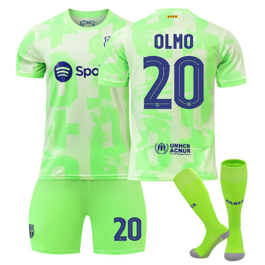Beakey Barcelona Second Away UEFA OLMO #20 Soccer Jersey for Kids Adult 3 Pcs Outfits
