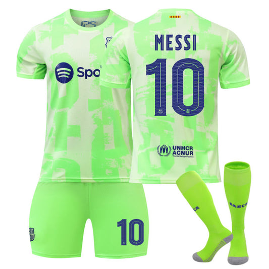 Beakey Barcelona Second Away UEFA MESSI #10 Soccer Jersey for Kids Adult 3 Pcs Outfits
