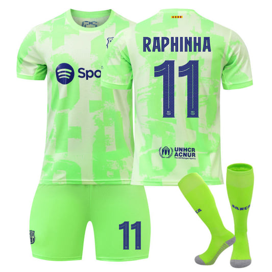 Beakey Barcelona Second Away UEFA RAPHINHA #11 Soccer Jersey for Kids Adult 3 Pcs Outfits