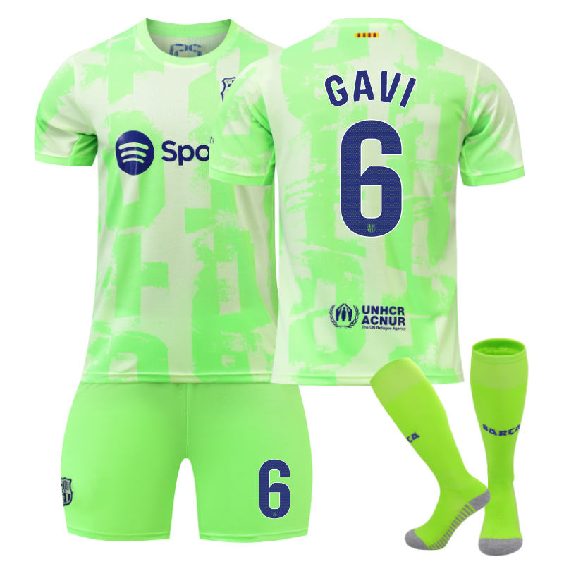 Beakey Barcelona Second Away GAVI #6 Soccer Jersey for Kids Adult 3 Pcs Outfits