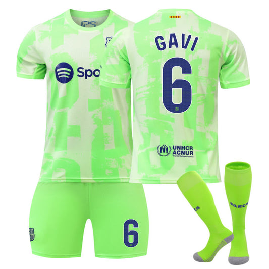 Beakey Barcelona Second Away GAVI #6 Soccer Jersey for Kids Adult 3 Pcs Outfits